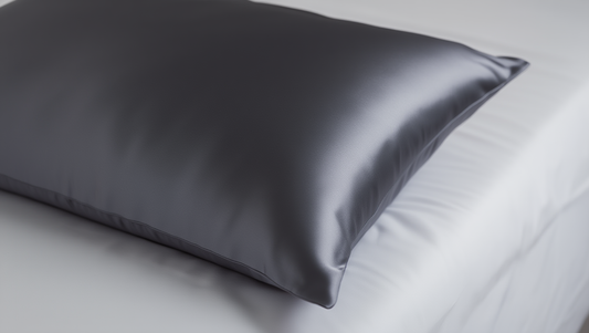 dark grey pillow on a white bed