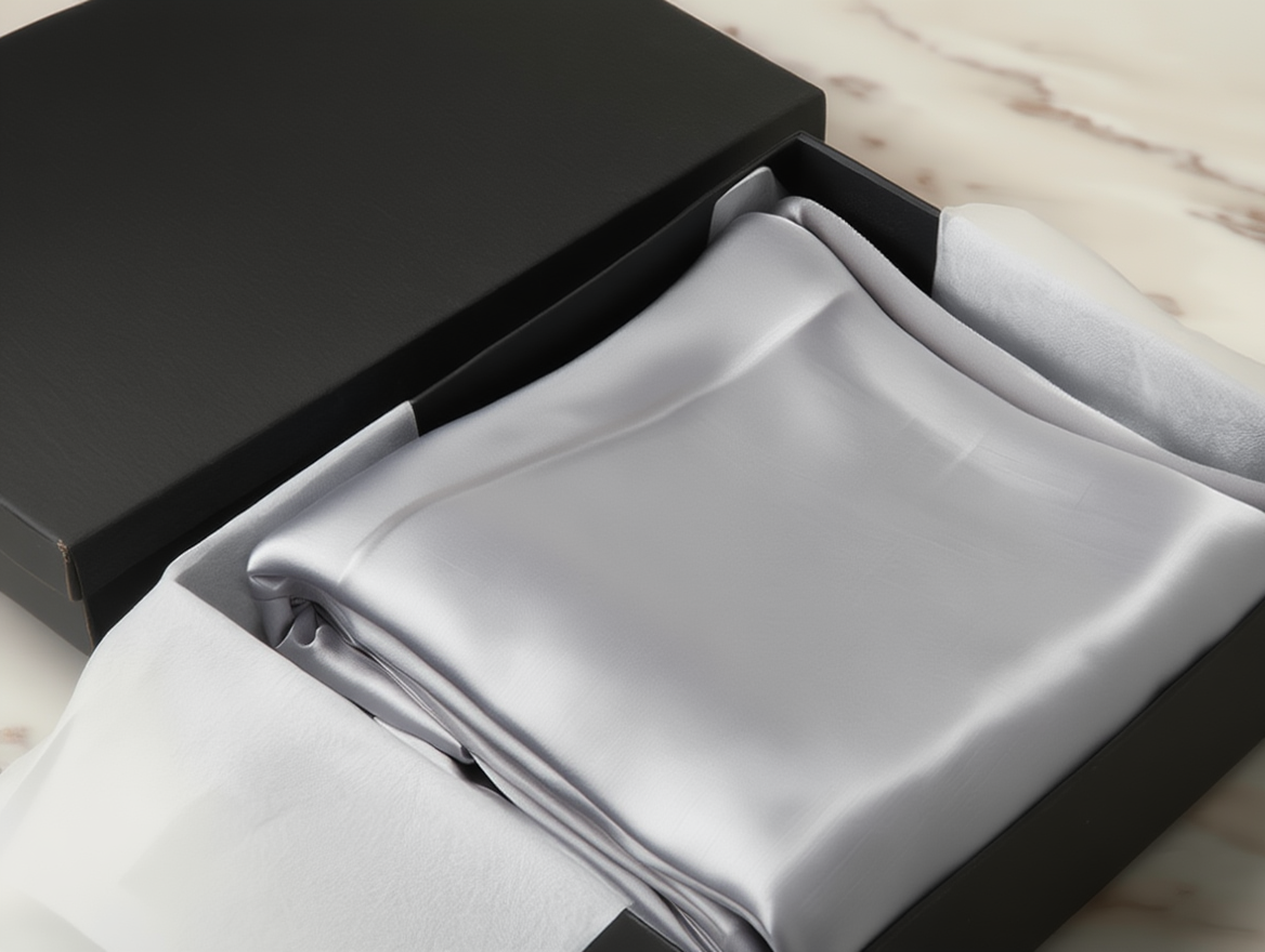 Light grey pillowcase in box on a light wooden surface