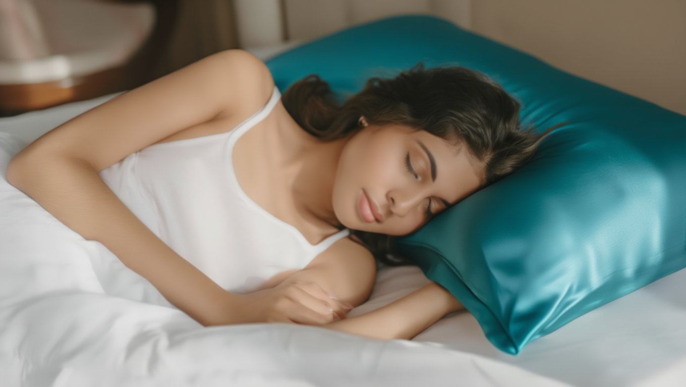 Women sleeping on a moonlight blue pillow 