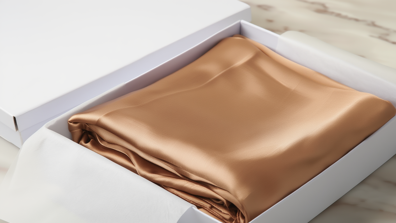bronze fabric in a white box on a light wooden surface
