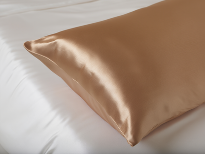bronze pillowcase in a box on a bed