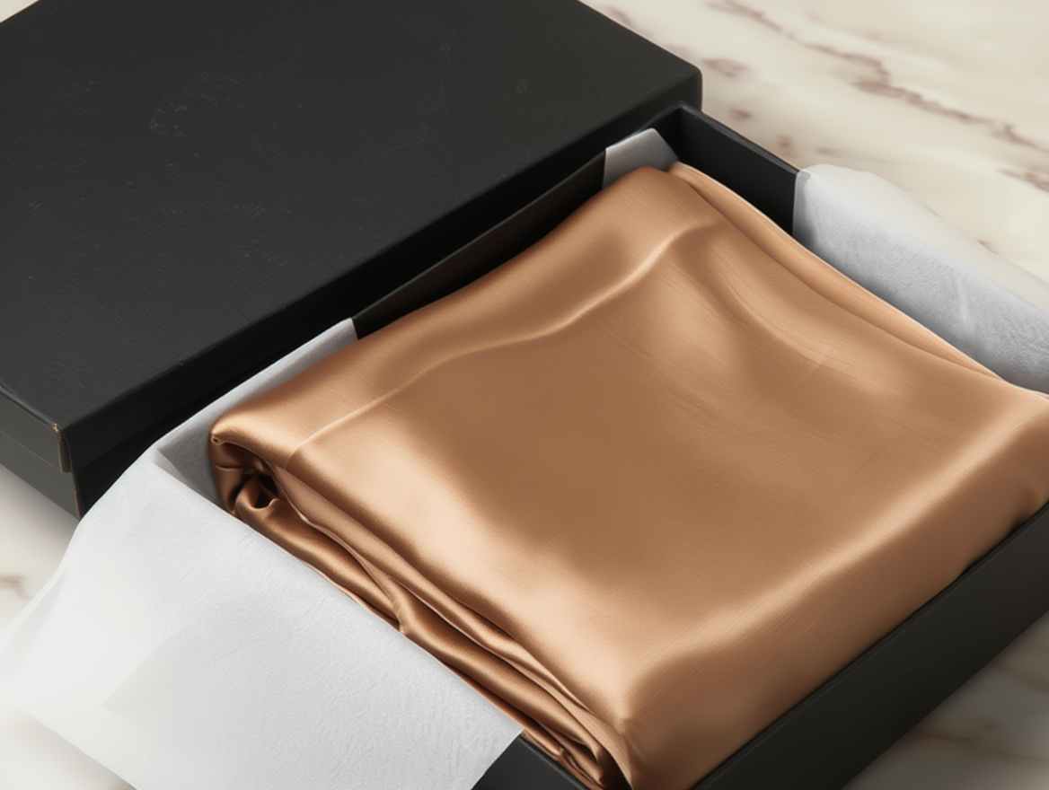 bronze pillowcase in a box on a light wooden surface