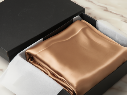 bronze pillowcase in a box on a light wooden surface