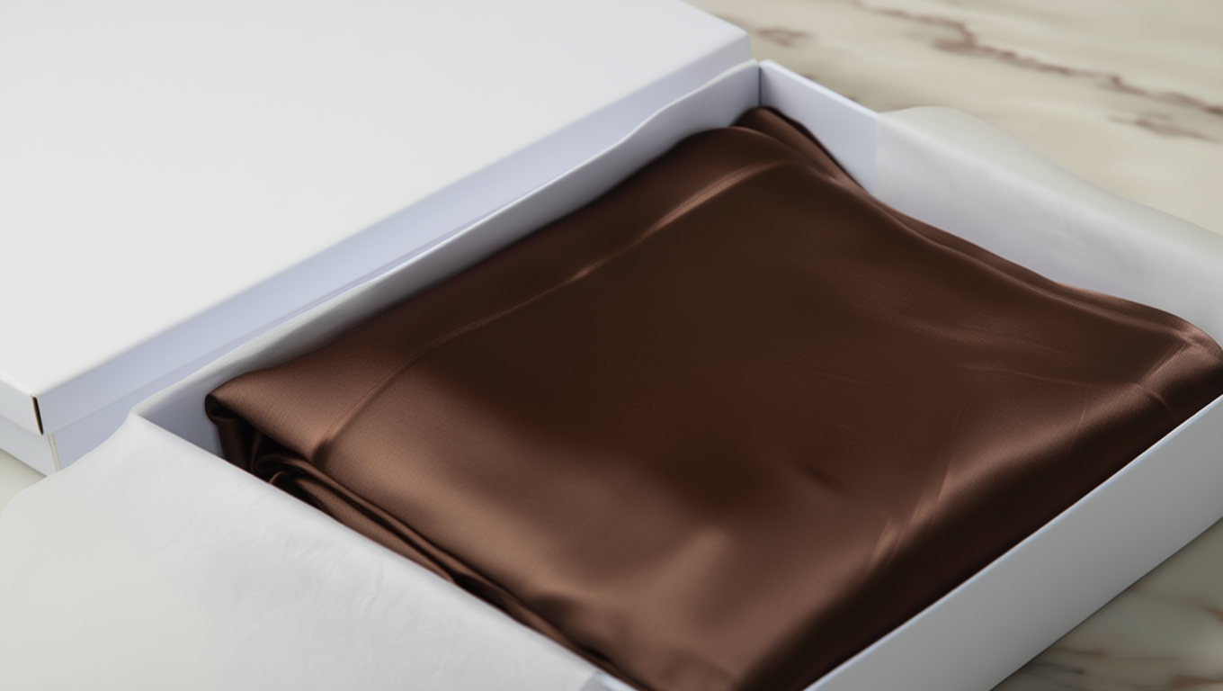 brown pillow case in a white box 