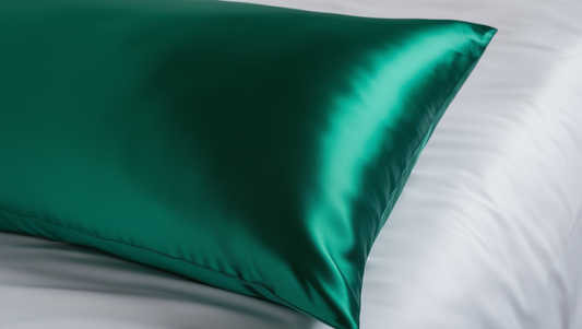 dark green pillow on a bed 