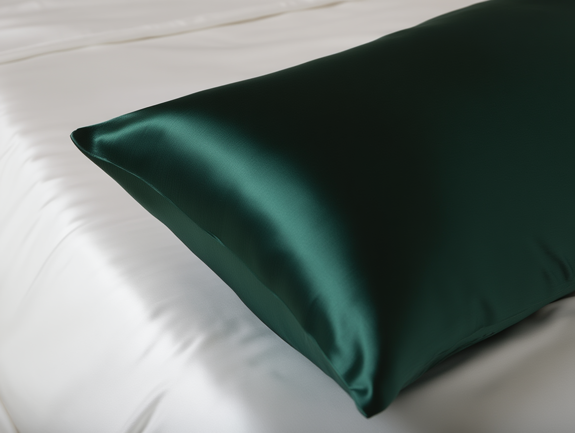 dark green satin pillow on a white background