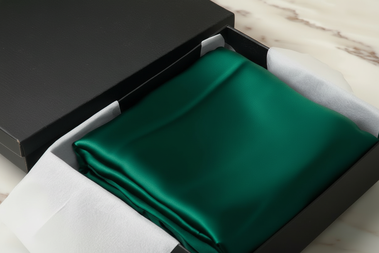 dark green satin pillowcase in a box on a light wooden surface