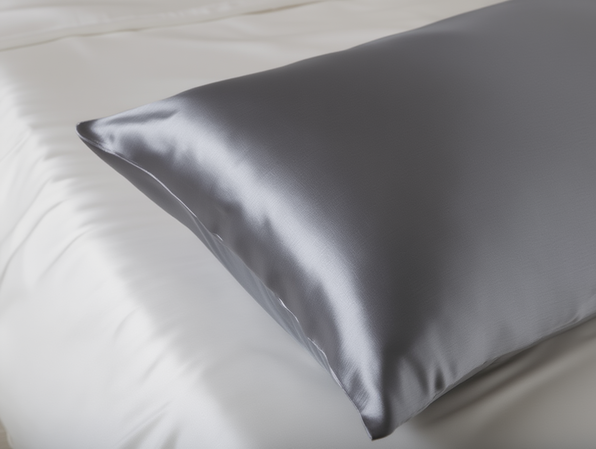 dark grey satin pillow on a white background