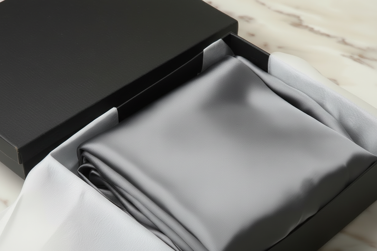 dark grey satin pillowcase in a box on a light wooden surface