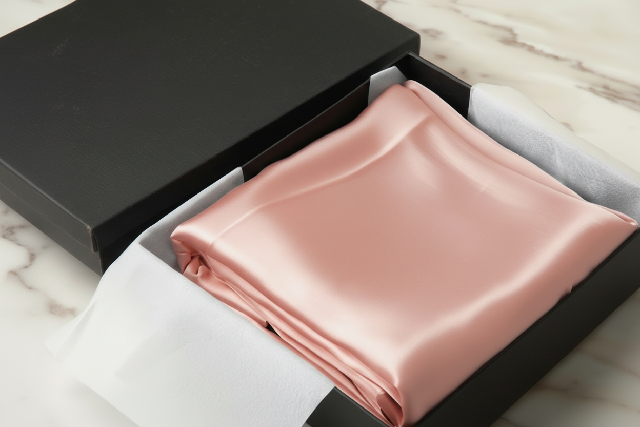 jade satin pillowcase in a box on a light wooden surface