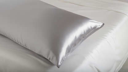 light grey pillow on a white bed