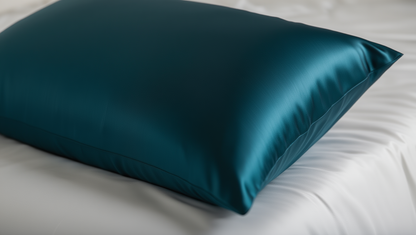 navy blue pillow on a white bed 