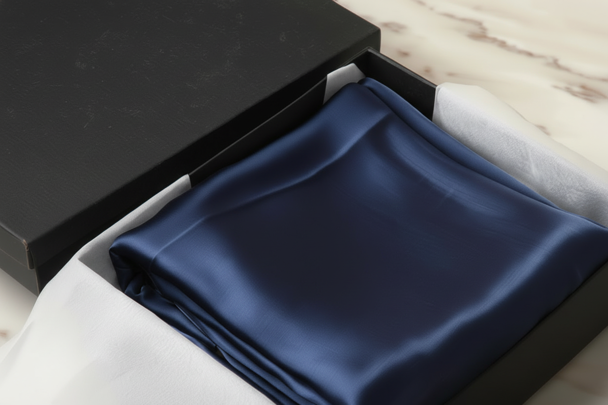 paris blue satin pillowcase in a box on a light wooden surface