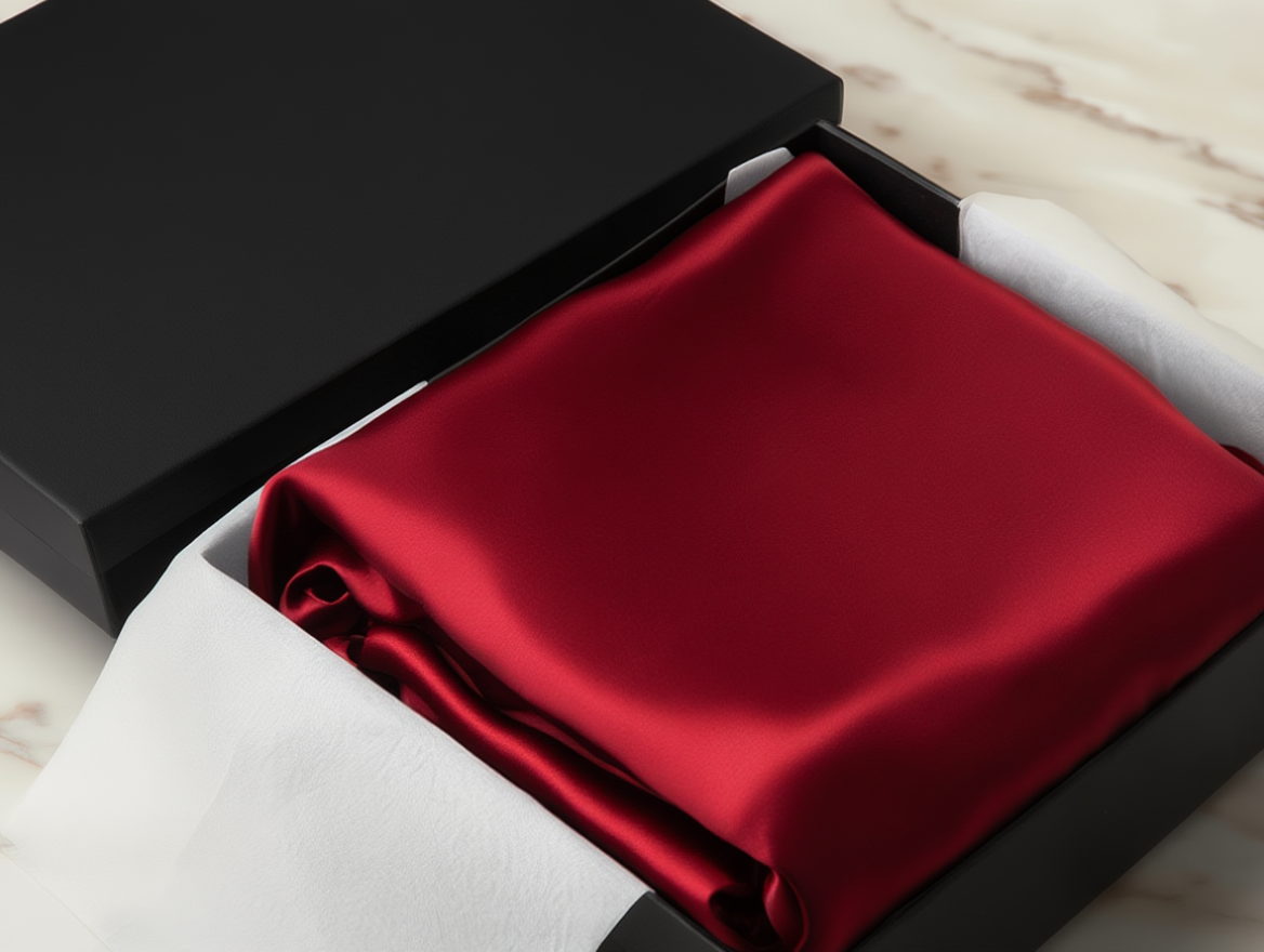 red pillowcase in a box on a light wooden surface