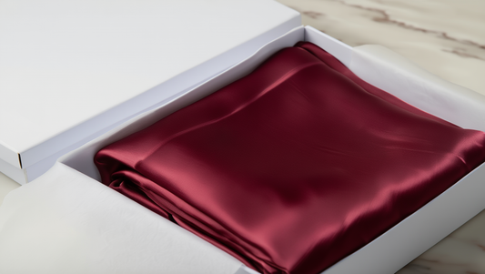 red satin pillow case inside an open white box on a wooden surface