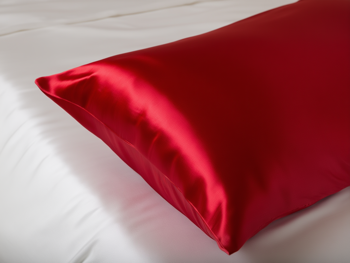 red satin pillow on a white background
