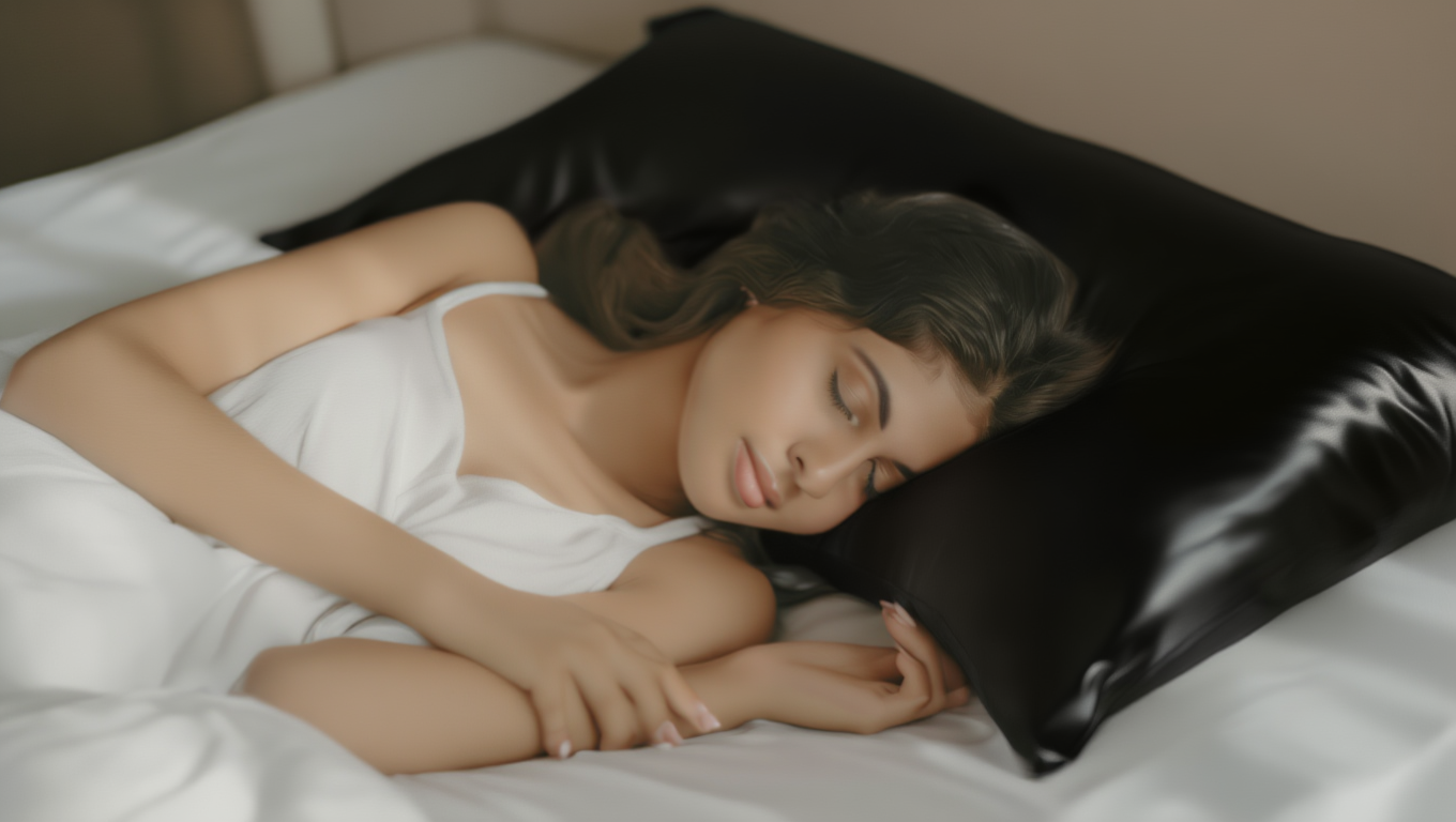 women sleeping on a black pillow 