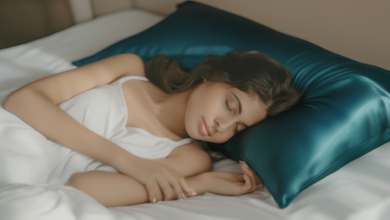women sleeping on a navy blue pillow