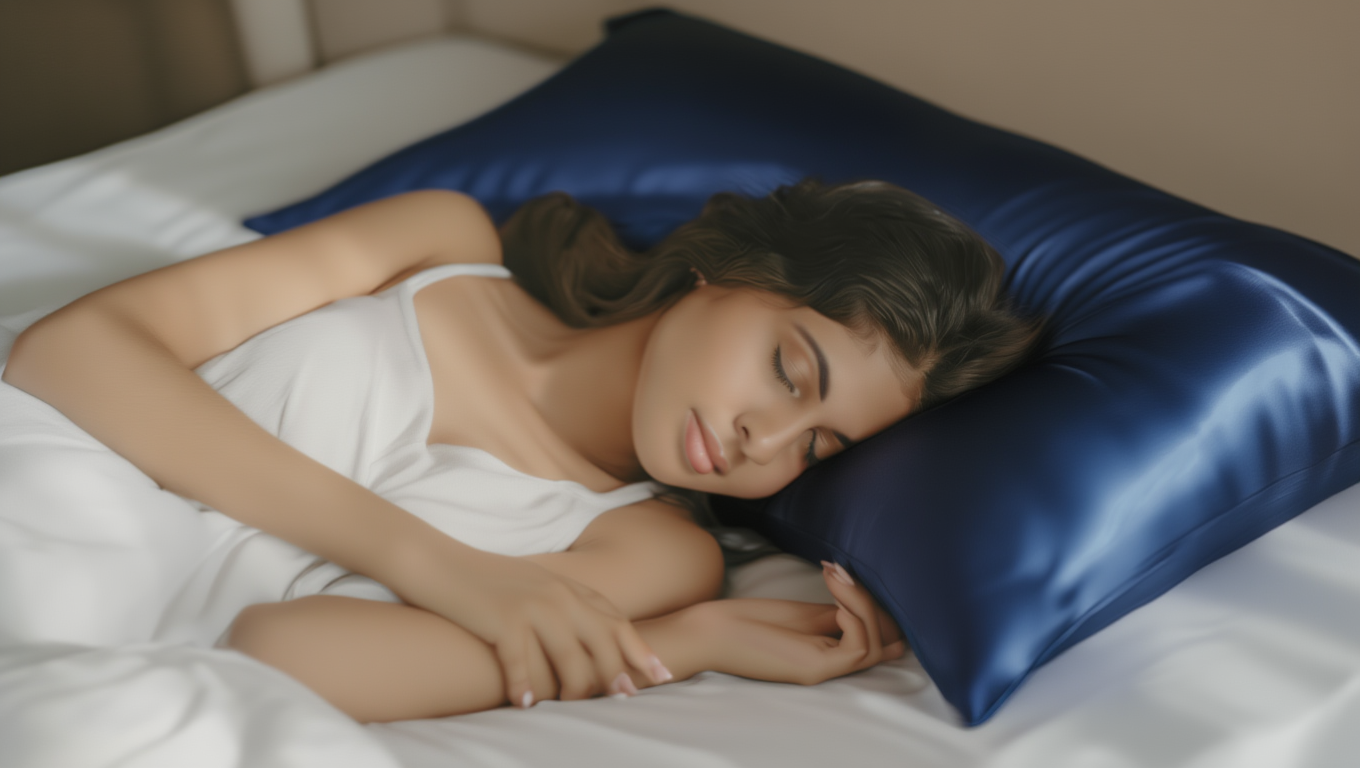 women sleeping on a paris blue pillow