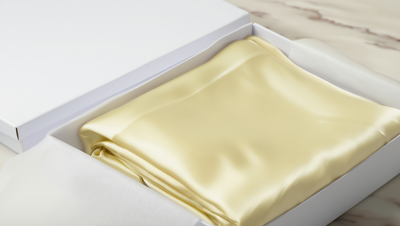 yellow fabric in a white box on a wooden surface