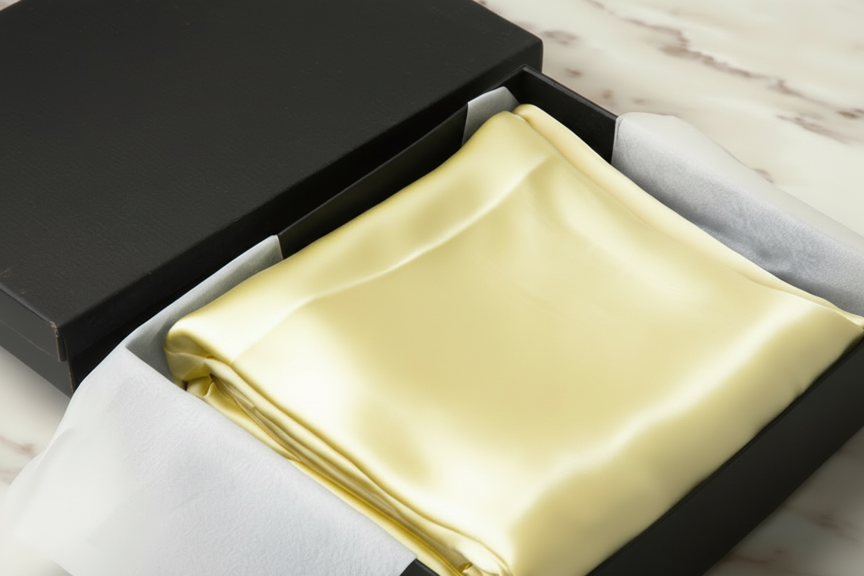 yellow satin pillowcase in a box on a light wooden surface